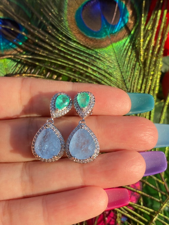 Sweet Dainty Natural Pale Tanzanite and Colombian Emerald Dangle Drop Earrings Handcrafted in 925 Sterling Silver Gem Origin Tanzania Etsy