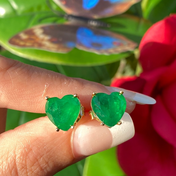 Simply Astonishing Natural Forest Green Zambian Emerald Heart Earrings, Small Minimalist Earrings, May Birthstone Earrings, 18K Gold Vermeil