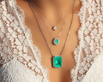 Dreamy Piece, Natural Rectangle Cut Emerald Necklace Pendant, Magnificent Design, 925 Sterling Silver, Vibrant Strong Rich Neon Green Glow