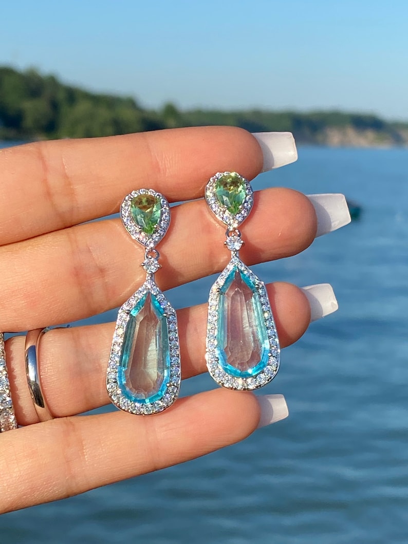 Sorprendenti orecchini acquamarina penzolanti e goccia blu acquamarina e verde peridoto diamante pendente orecchini goccia argento 925 immagine 7