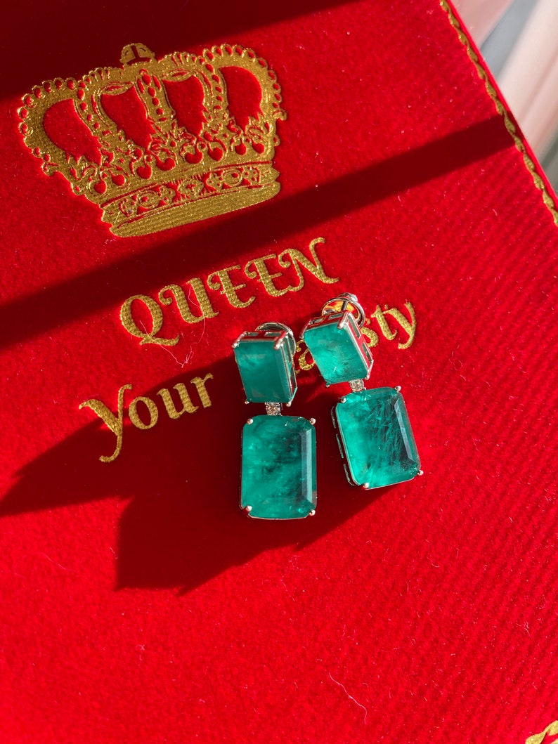 Luxury, Royal Elegance Natural Glowing Neon Green Colombian Emerald Diamond Dangle Drop Earrings Gorgeous 925 Sterling Silver image 5