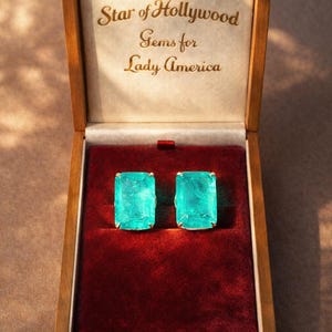 May include: A wooden jewellery box with the text "Star of Hollywood Gems for Lady America" on the inside lid. The box contains two rectangular, light blue gemstones set in gold. The gemstones are displayed on a red velvet surface.