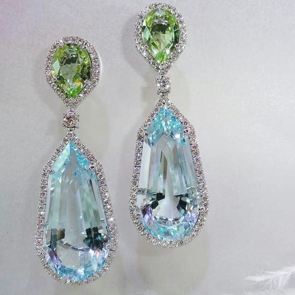 Boucles d’oreilles Aquamarine étonnantes Dangle et Drop Aqua Blue Aqua Aquamarine et Green Peridot Diamond Dangle Drop Boucles d’oreilles 925 Sterling Silver