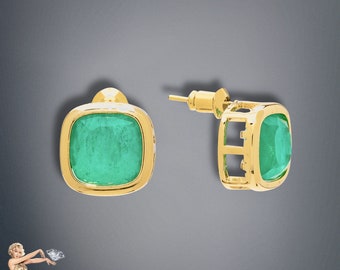 Angelina Jolie Inspired, Stunning 100% Natural Colombian Emerald Stud Earrings with Amazing Neon Green Colour & Glow, 18K Gold Vermeil Studs