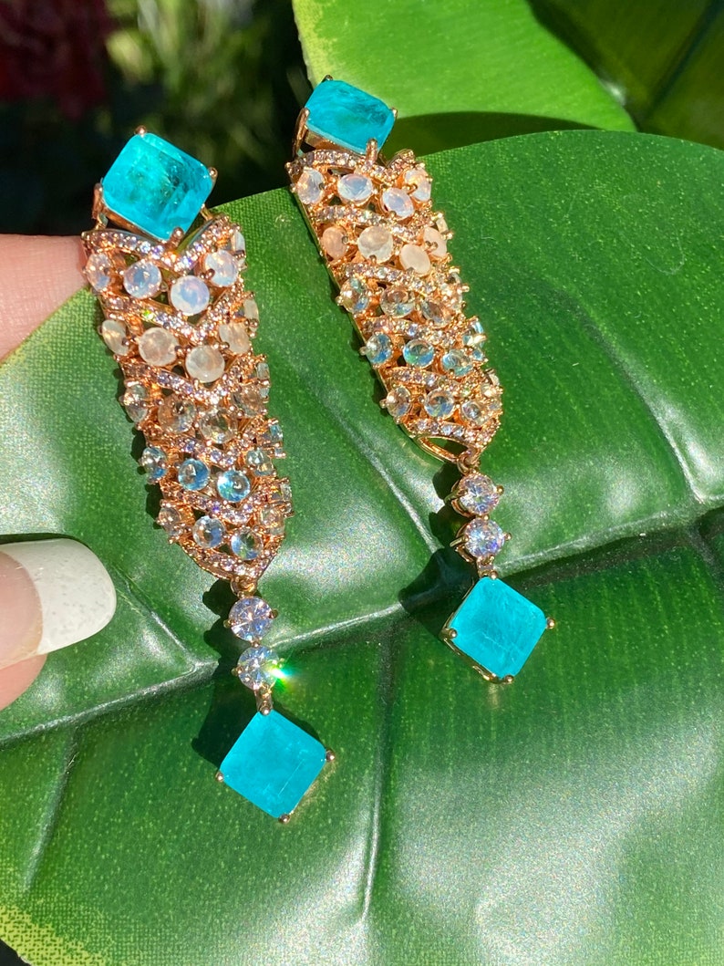 Head turning Glowing Natural Paraiba Tourmaline, Opal Moonstone, Chandelier Dangle and Drop Earrings, 18K Yellow Gold Vermeil, Handcrafted image 4