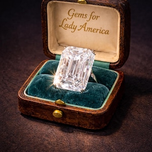 Pode incluir: Um anel de diamante com corte esmeralda numa caixa de joias de madeira vintage. O anel está montado numa banda de prata e assenta numa almofada de veludo verde-azulado. A caixa está aberta, revelando o texto "Gems for Lady America".