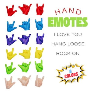 May include: A collection of hand-shaped figurines in red, blue, purple, yellow, green, and beige. The text reads HAND EMOTES, I LOVE YOU, HANG LOOSE, ROCK ON, and 6 COLORS. Each row displays three distinct hand gestures representing these signs.