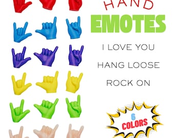 Könnte beinhalten: Eine Sammlung von handförmigen Figuren in Rot, Blau, Lila, Gelb, Grün und Beige. Der Text lautet HAND EMOTES, I LOVE YOU, HANG LOOSE, ROCK ON und 6 COLORS. Jede Reihe zeigt drei verschiedene Handgesten, die diese Zeichen darstellen.