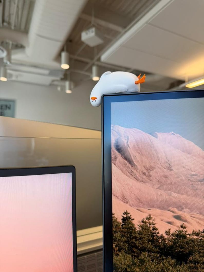 K&ouml;nnte beinhalten: Ein wei&szlig;es Pl&uuml;schgans-Spielzeug mit orangefarbenen F&uuml;&szlig;en und Schnabel liegt auf einem Computermonitor. Die Gans hat einen leicht m&uuml;rrischen Gesichtsausdruck. Der Monitor zeigt ein Landschaftsbild von Bergen und B&auml;umen.