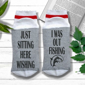 Funny Fishing Socks - Just Sitting Here Wishing I Was out Fishing - Gift for Fisherman | Funny Fishing Gift for Men | Fishing Gift for Dad