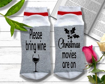 Funny Christmas Socks -Bring Wine Christmas Movies Are On | Do Not Disturb I'm Watching Christmas Movies | Christmas Eve Socks for Women