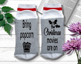 Funny Christmas Socks - Bring Popcorn Christmas Movies Are On - Cute Socks for Xmas, Watching Christmas Movies Socks Women, Cozy Socks Women