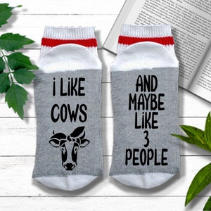 May include: A pair of gray and white socks with red stripes. One sock says "I like cows" and has a cow with a bow on its head. The other sock says "And maybe like 3 people".
