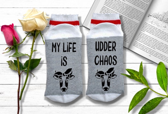Farm Gift - My Life is Udder Chaos - Funny Heifer Socks, Cow Socks,  Farm Wear, Cow Gift for Farmer, A Girl Who Likes Cows