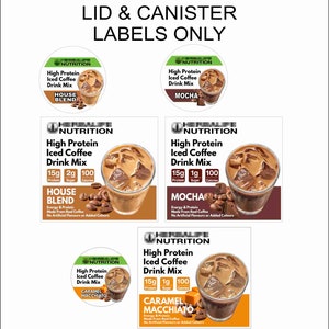 Etiquetas con sabor a café proteico y mezcla de proteínas para tapas o para botes con sabor a café.
