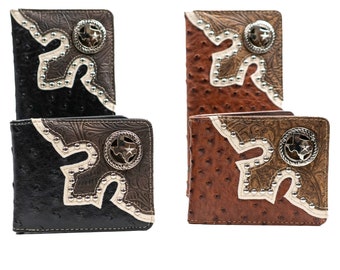 Custom Cowboy Skull Concho on a Brown Harness Leather Flip ID Bi-fold Wallet Proudly made in the USA. Custom Cowboy Skull Concho on a Brown Harness Leather Flip ID Bi-fold Wallet Proudly made in the USA.