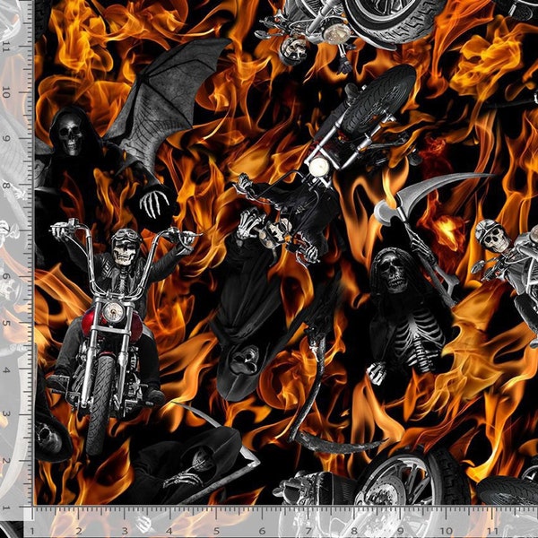 Gothic Halloween Skeletons Fabric - 100% Cotton, Flames, Motorcycles