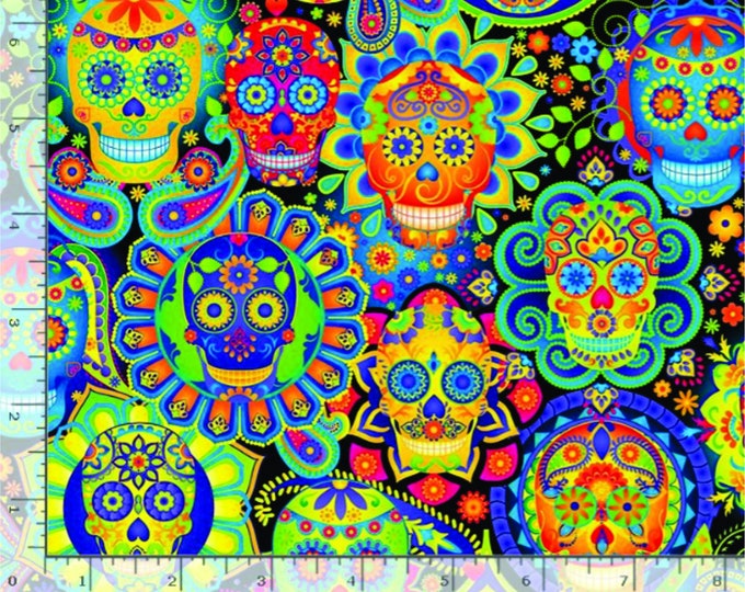 Day of the Dead Fabric – Timeless Treasures Bright Sugar Skulls Fabric