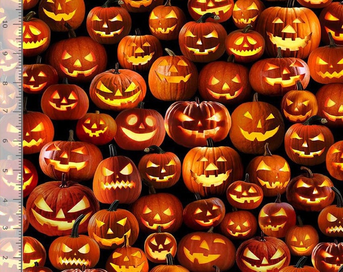 Pumpkin Fabric for Halloween – Packed Jack O'Lanterns by Timeless Treasures