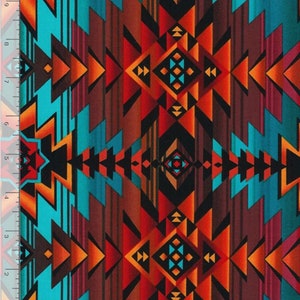 May include: A vibrant fabric featuring a geometric pattern in shades of turquoise, orange, red, and brown. The design includes triangles, diamonds, and vertical stripes, creating a Southwestern or Native American-inspired aesthetic. The fabric is suitable for various craft projects.