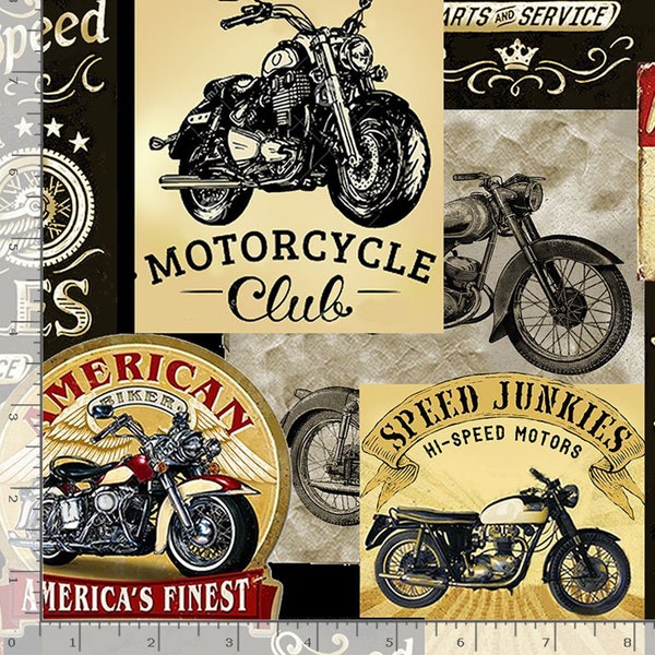 Fabric with Motorcycles – Timeless Treasures Packed Vintage Motorcycles Signs