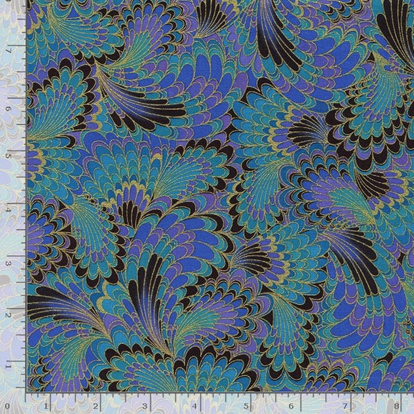 Peacock – Timeless Treasures Palazzo Metallic Abstract Endpaper Peacock Fabric