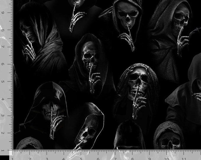 Fabric with Skeletons – Silent Hooded Skeletons Fabric by Timeless Treasures