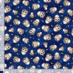 Blue Owl Fabric | Cotton Quilting Fabric | Dark Blue Background with Baby Owls & Moons | Owl Print Fabric for Crafts and Sewing