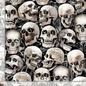 Gothic Skull Fabric – Edgy Black Cotton with Skull and Smoke Pattern