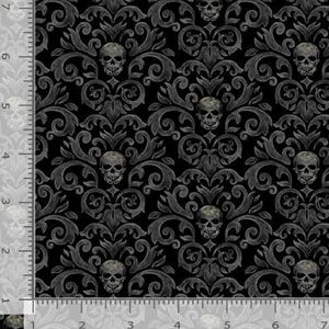 May include: Black and gray fabric with a damask pattern featuring repeating skull motifs. The fabric has a distressed, vintage look.