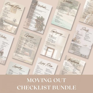 Pode incluir: Um pacote de listas de verificação para mudança imprimível com listas de verificação para diferentes cômodos de uma casa, incluindo cozinha, banheiro, sala de estar, sala de jantar, quarto, lavanderia, garagem, entrada, escritório e áreas externas. As listas de verificação são projetadas em um estilo minimalista com um fundo rosa claro e texto marrom.