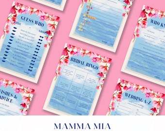 Puede incluir: Un conjunto de juegos de despedida de soltera imprimibles con un fondo de acuarela con flores rosas. Los juegos incluyen "Adivina quién", "Bingo nupcial", "Pictionary Emoji", "Quién conoce a la pareja", "Deseos y consejos" y "Boda A-Z".