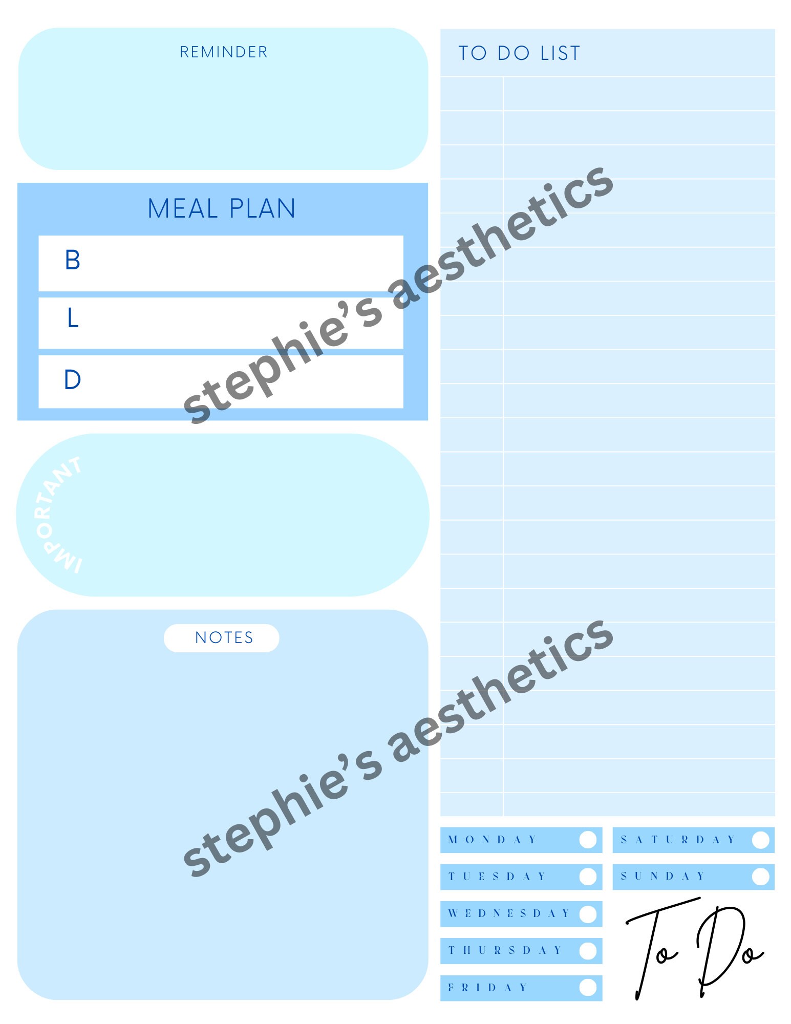 Blue Daily Planner Printable Digital Download PDF & PNG Cute Day ...