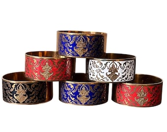 Vintage Thai Bronze Enameled Napkin Rings Etched Buddha Set of 6 Multi Color
