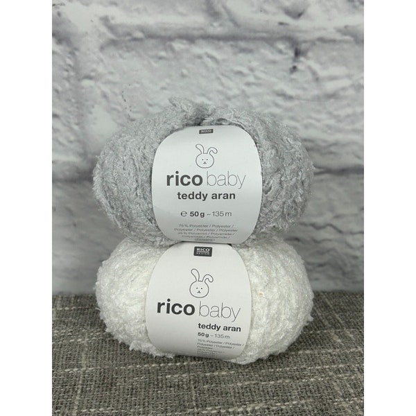 Set of 2 Rico Baby Teddy Aran 50g 135m Polyester Polyamide White & Gray NWT