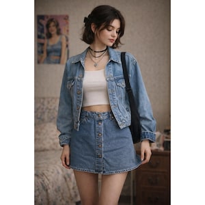 May include: A light blue denim jacket and matching button-down denim skirt. The outfit is paired with a white crop top and a black shoulder bag. The model is wearing a black choker and a necklace with a heart pendant.