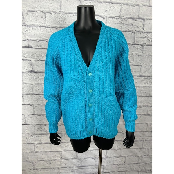 Vintage 90's Sweater Cardigan Aqua Blue Knit Button Up V-Neck Women's Size Large