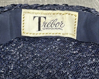 Vintage Trebor 1950s Lacquered Raffia Woven Hat Turban Bubble Navy Blue With Box Vintage Trebor 1950s Lacquered Raffia Woven Hat Turban  main image 4