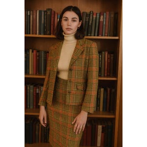 Vintage Orange Tweed Plaid Single Breasted Jacket Career Skirt Suit Set Sz 6