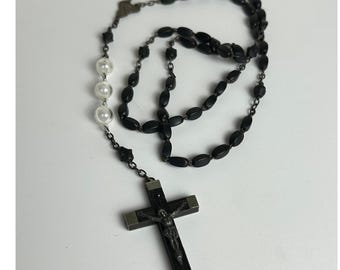 Black Wood Rosary Necklace Clear Beads Silver Tone Crucifix Vintage France