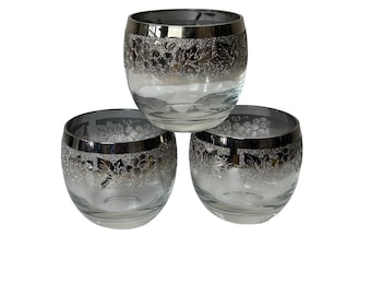 Vintage Dorothy Thorpe Silver Roly Poly Glasses Set of 3 Grape Vine Embossed MCM