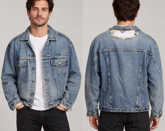Hugo Boss Distressed Denim Trucker Jacket Medium Wash Frayed Mens XL Vintage