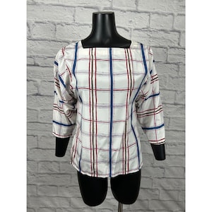 Panter 3/4 Sleeve Square Neck Shirt Blouse Plaid Women&#39;s Size 7/8 Vintage 80s