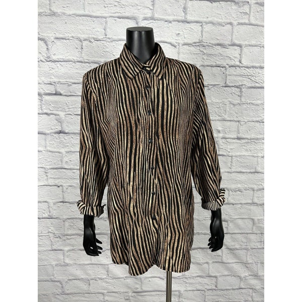 Lauren Lee Women's Button Up Long Sleeve Black Beige Zebra Animal Print Shirt