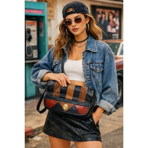 Vintage 1995 Avon Patchwork Faux Leather Suede Crossbody Bag Black Brown Gold