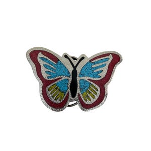 Butterfly Belt Buckle Faux Turquoise Red Yellow Inlay Silver Tone Western