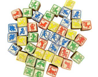 Vintage Disney Holz Alphabet Blöcke 44 Stück Polka Dot Aufbewahrungstasche Mickey Dumbo