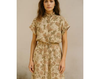 Vintage Brown 2 Piece Floral Blouse & Midi Skirt Outfit Set Size Small 1970s