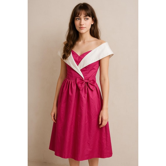 Vintage 80s Hot Pink Bow Dress 5/6 Off Shoulder Satin Prom Party Romantic Vintage 80s Hot Pink Bow Dress 5/6 Off Shoulder Satin Prom Party Romantic