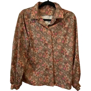 Button Up Blouse Multicolor Floral Print Womens Long Handmade Vintage L